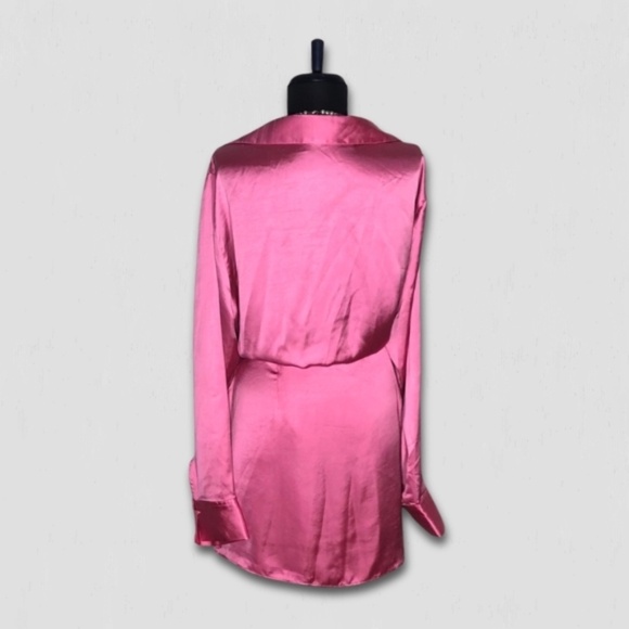 Zara Satin Mini Dress Bishop Sleeve Tulip Hem Hot Pink Large - Picture 3 of 13